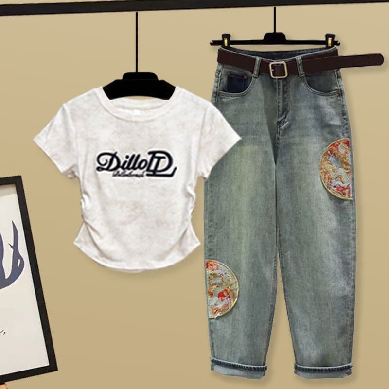 Women's Clothing Fashionable Women's Tie Dye Short Sleeve T-Shirt And Ethnic Style Trendy Style Jeans Set Sweet And Spicy Pleated Waist Defining