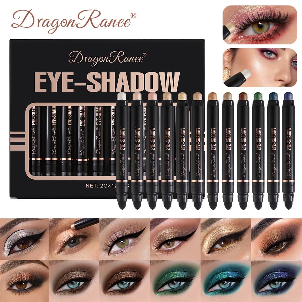 12-Color Dual-Ended Eyeshadow & Highlighter Stick Set - Lazy Makeup Must-Have, Pearlescent Shades, Professional Eyeshadow Kit