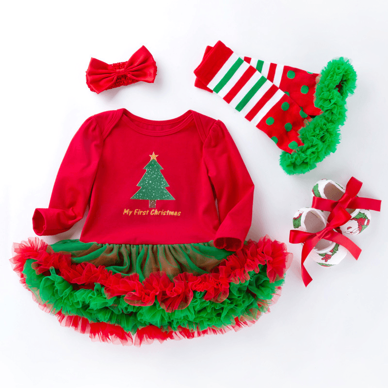 Children's long-sleeved red green wrap fart dress princess Ha dress four-piece set