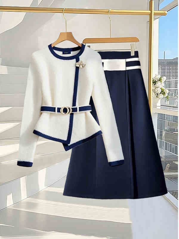 Women's Clothing fashionable White design cardigan sweater women winter new style skirt two-piece suit skirt small outfit women