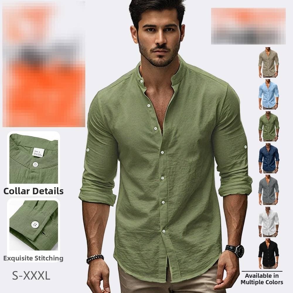 Men's New Lapel Shirt Casual Men's Long-sleeved Button Cotton Linen Pocket Shirt Top
