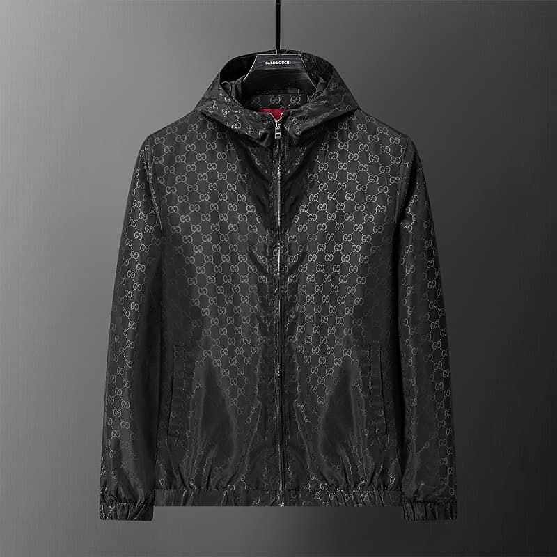 Veste coupe-vent à capuche imprimée GG monogramme intégral, manteau coupe-vent à fermeture éclair intégrale, vêtement d'extérieur décontract