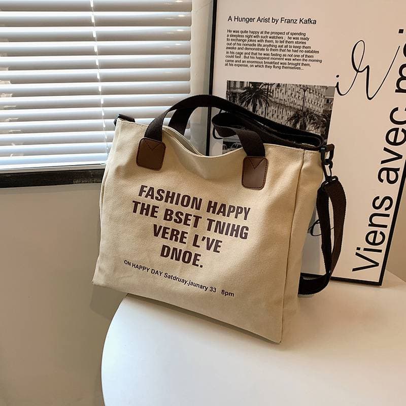 Designer fashion personality trend Simple canvas large capacity leisure bag lazy style one shoulder printed letter Tote bag