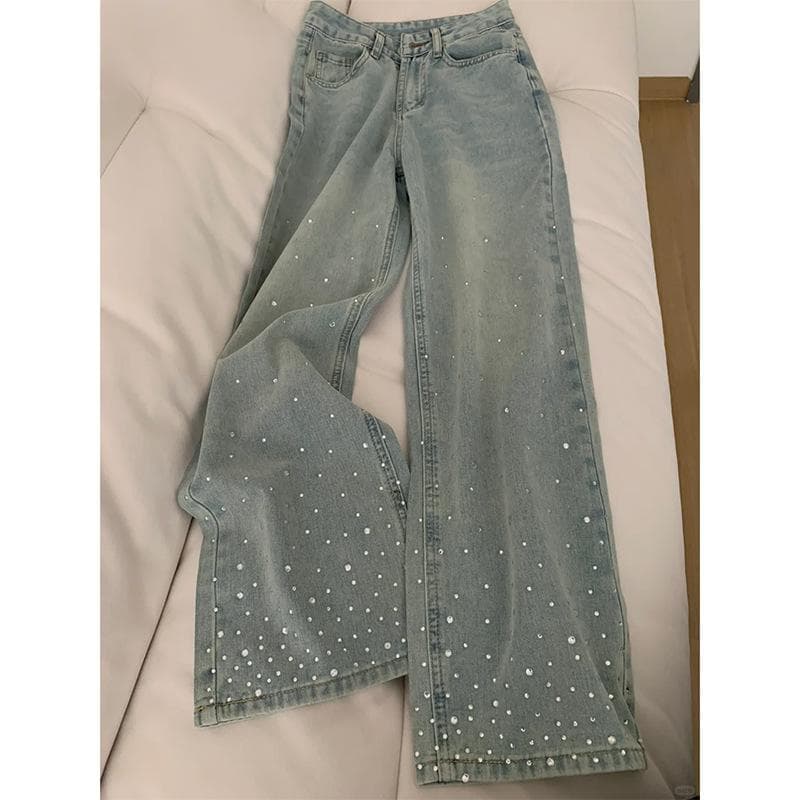 Women's Clothing Hot Diamond Wide Leg Jeans All Match Design High Waist Slim Straight Pants