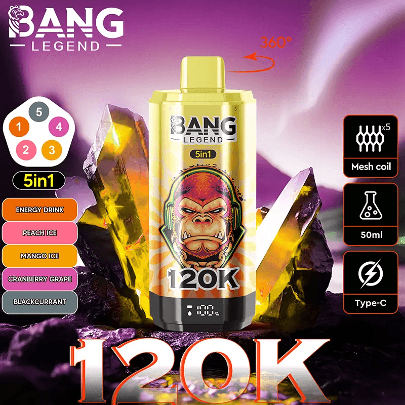 Lot de 2 cigarettes électroniques jetables Bang Legend 120 000 bouffées avec écran, saveurs fruitées et glacées.