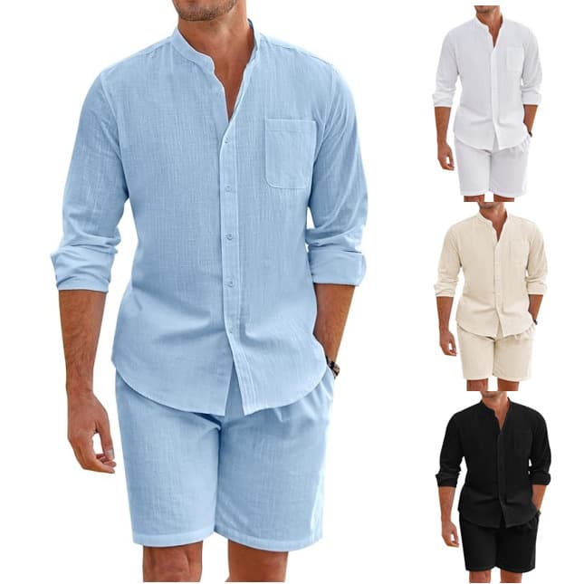 Men's Summer Two Piece Set Polyester Button Shirt + Long Sleeve Shorts Cardigan Simple Casual Beach Wear Suit