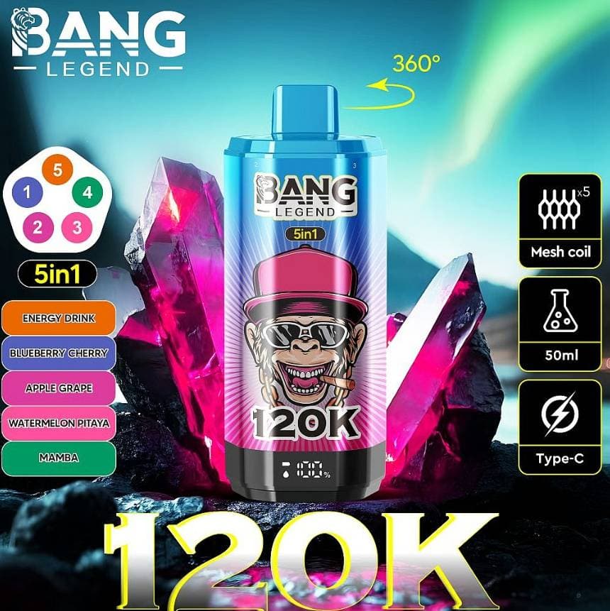 1 Bang Legend 120000 bouffées 120k Charge rapide Type-C Cigarette électronique jetable rechargeable 6 saveurs en 1
