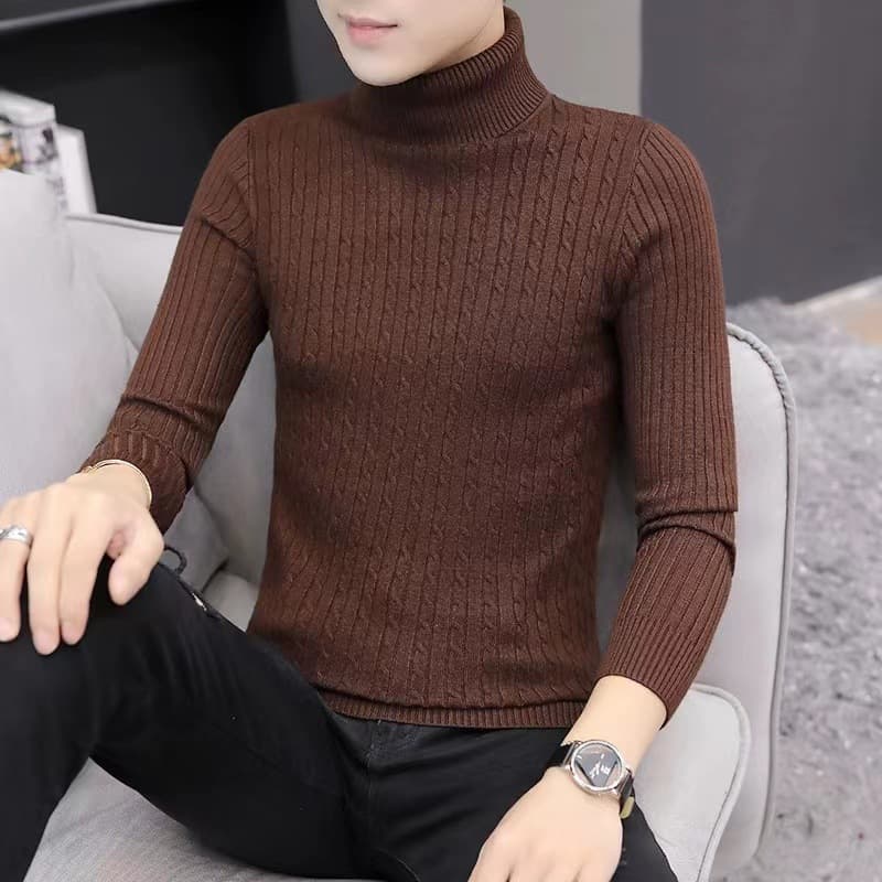 Pull en tricot pour homme, col montant, torsadé, couleur unie, décontracté, chaud, col roulé, hiver