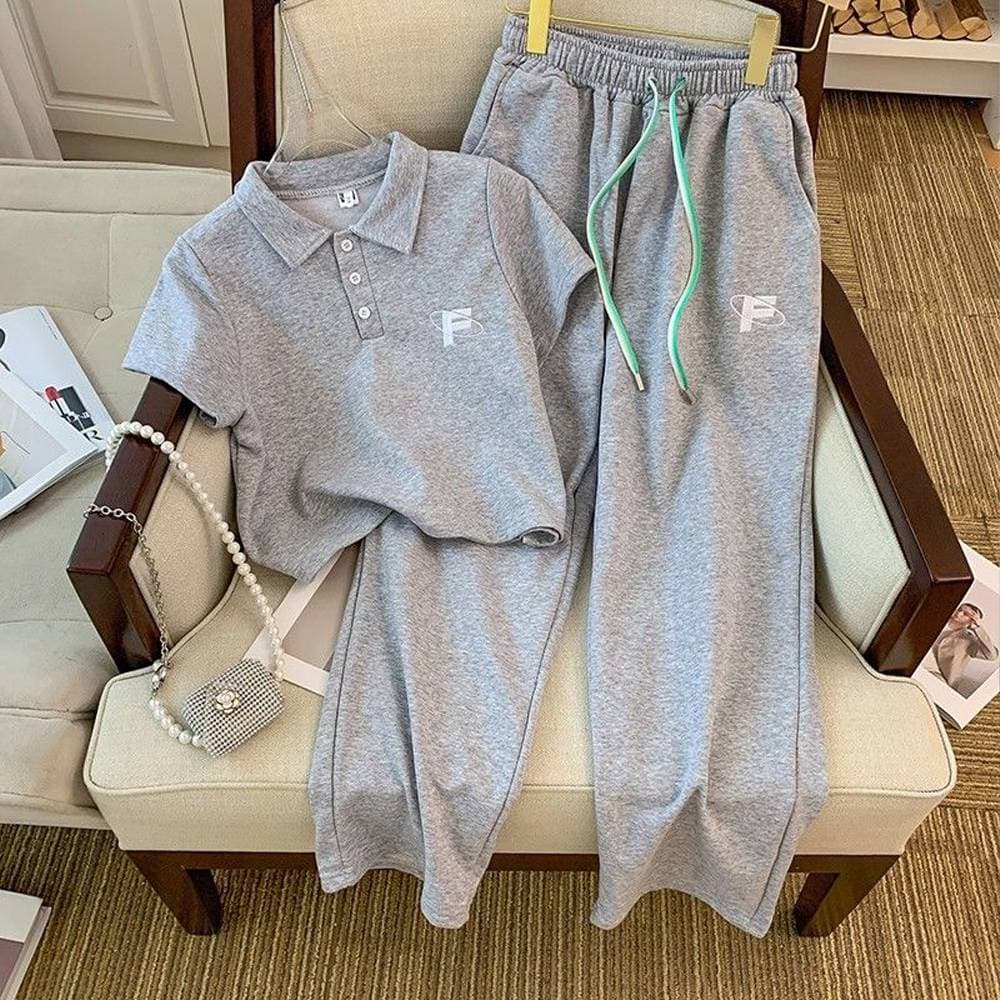 Women's Clothing polo collar short sleeved short top wide leg trousers small fragrant wind two-piece set