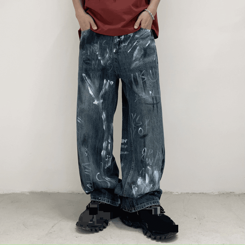 Men's Clothing Ink Splash High Street Retro Loose Straight Wide Leg Versatile Trousers For Men