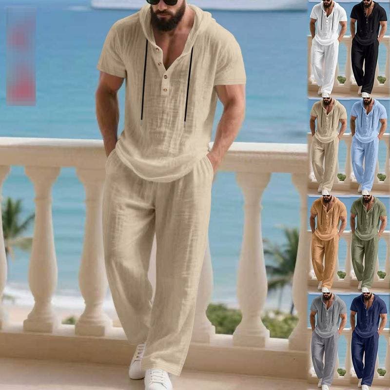 ​​Men's Linen-Blend Hooded Shirt & Trouser Set – Relaxed Fit Casual Suit (Black/Navy/White/Khaki, Sizes S-XXXL)​​