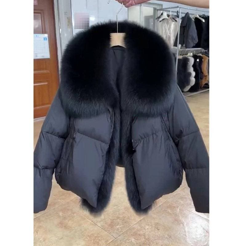 ​​Women's Winter Fashion Coat With Detachable Faux Fur Collar – Stylish Loose Fit Thick Warm Jacket (Black/White)​​
