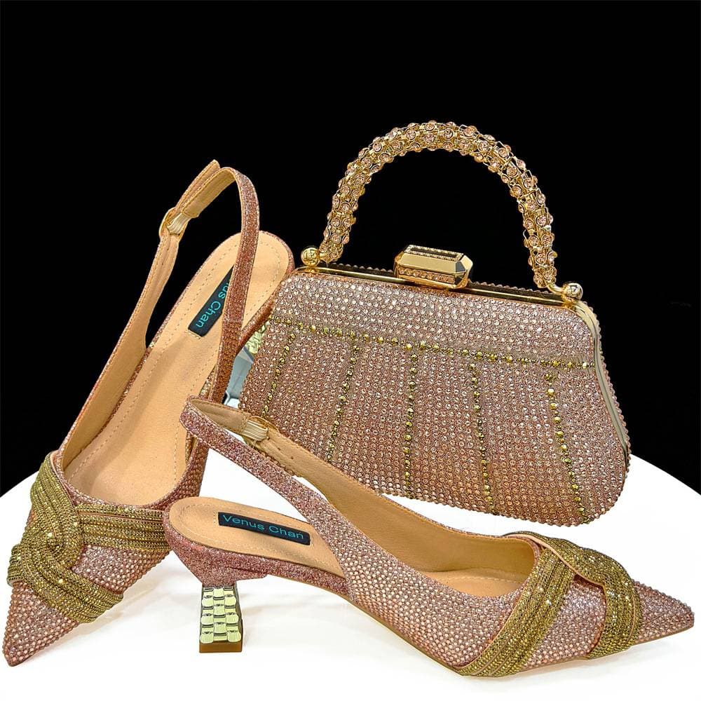 Shoe Bag Set Combination Fish Mouth Sandals Wedding Shoes + Hand Grab Bag Silk Leather Mosaic
