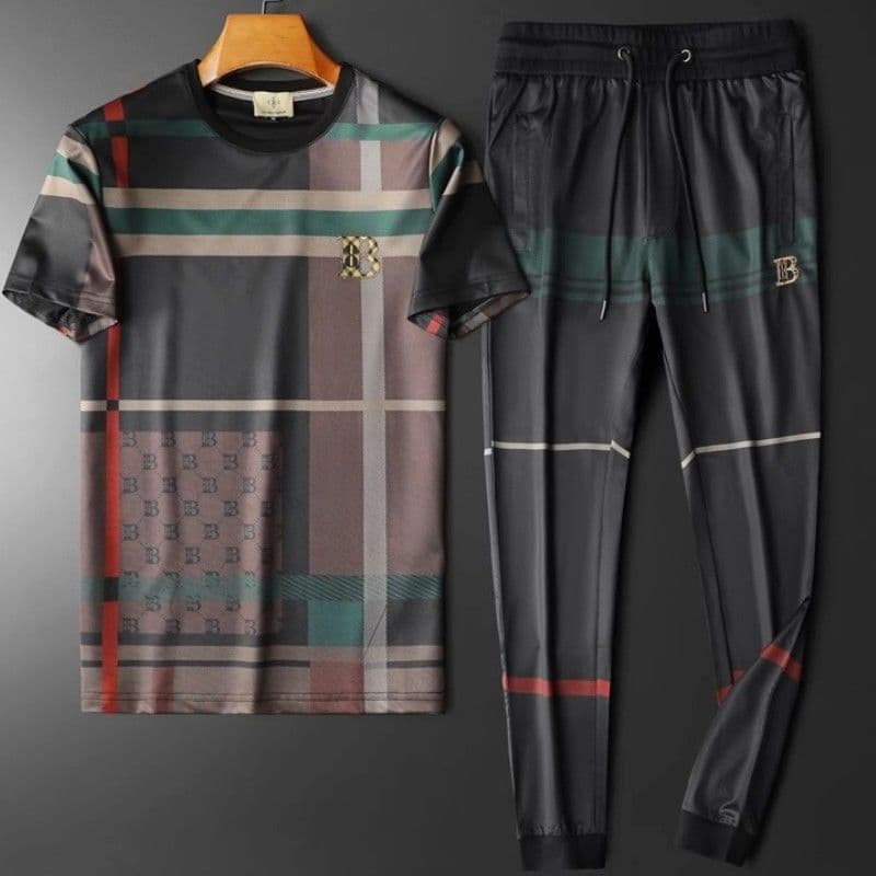 Light Luxury High-end Men's Trendy Plaid Printed Casual Sports Set, Summer Short Sleeved Long Pants Two-piece Set