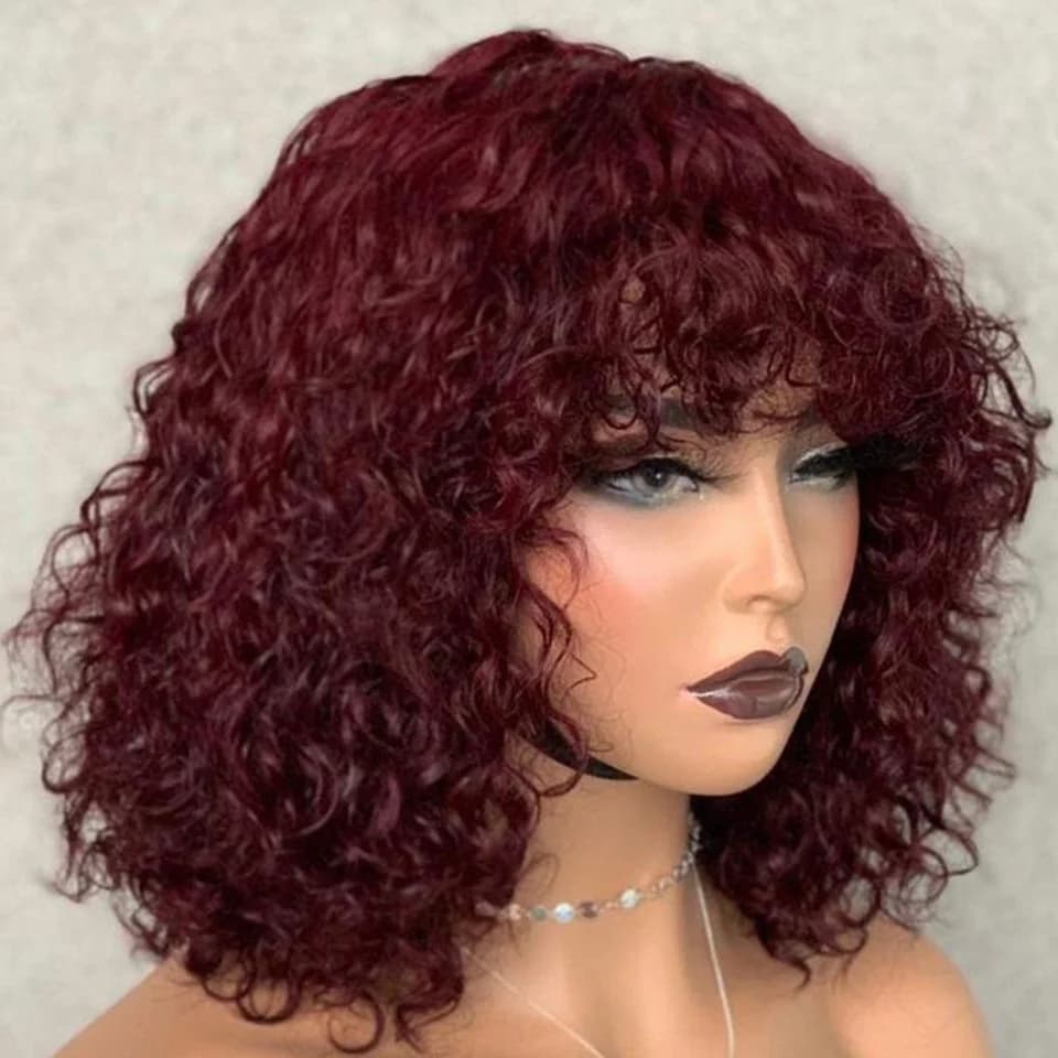 Perruques de cheveux humains bouclés courts bruns Pixie Bob avec frange Jerry Curly Wig Highlight perruques colorées pour femmes