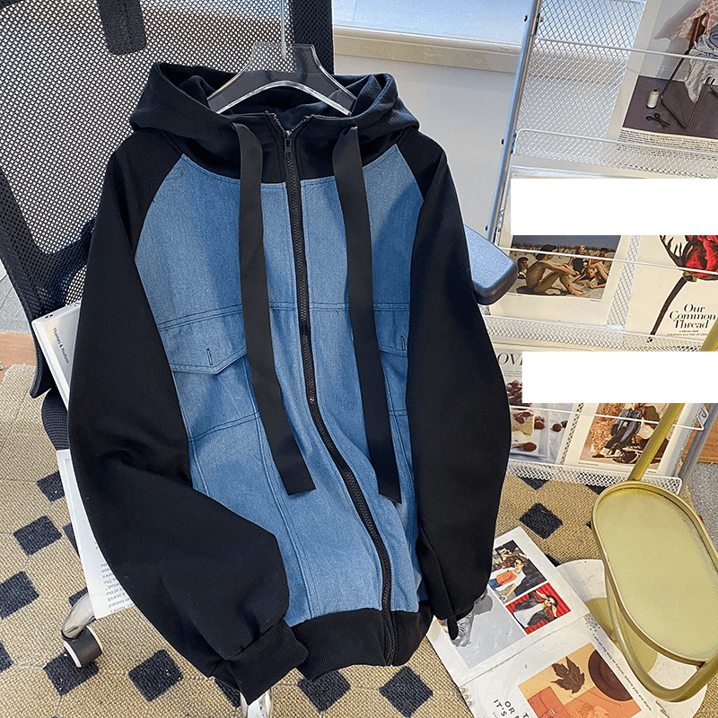 Women's Clothing Denim patchwork casual jacket for women Spring and autumn thin design large size loose high end cardigan hooded sweater for women