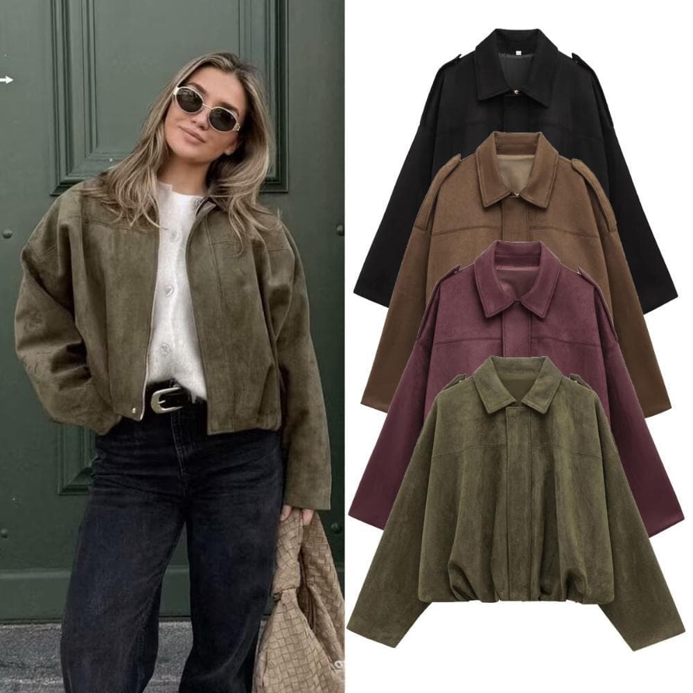 Autumn Winter Women's Bomber Jacket With Batwing Sleeves, Zipper Closure, Loose Fit, Suede Texture, Casual Outerwear – S/M/L
