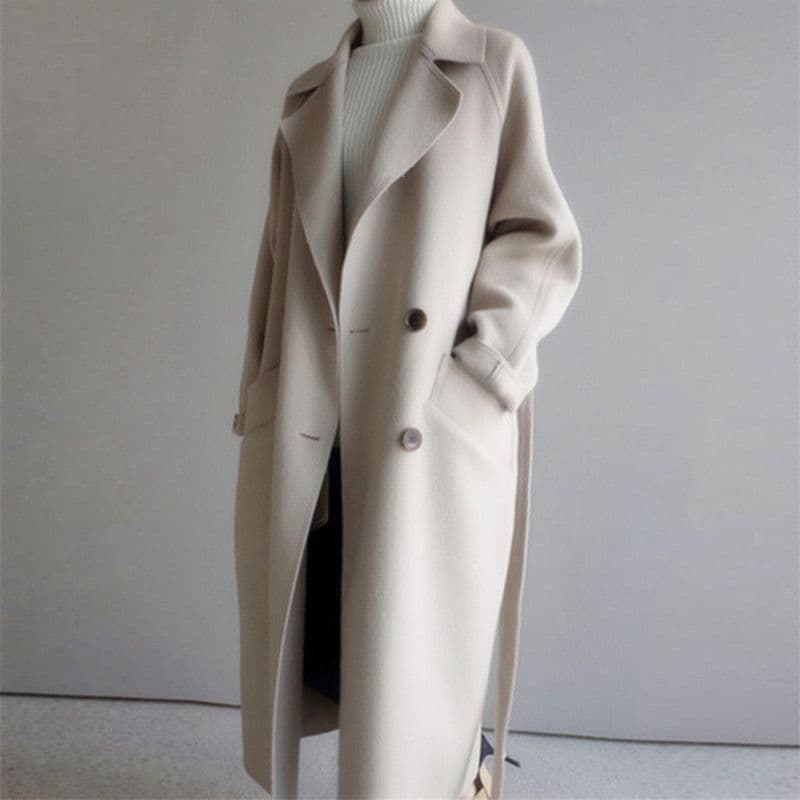2023 Winter new mid-length beige woolen waitmore long waist-tight Harajuku style over-the-knee woolen coat