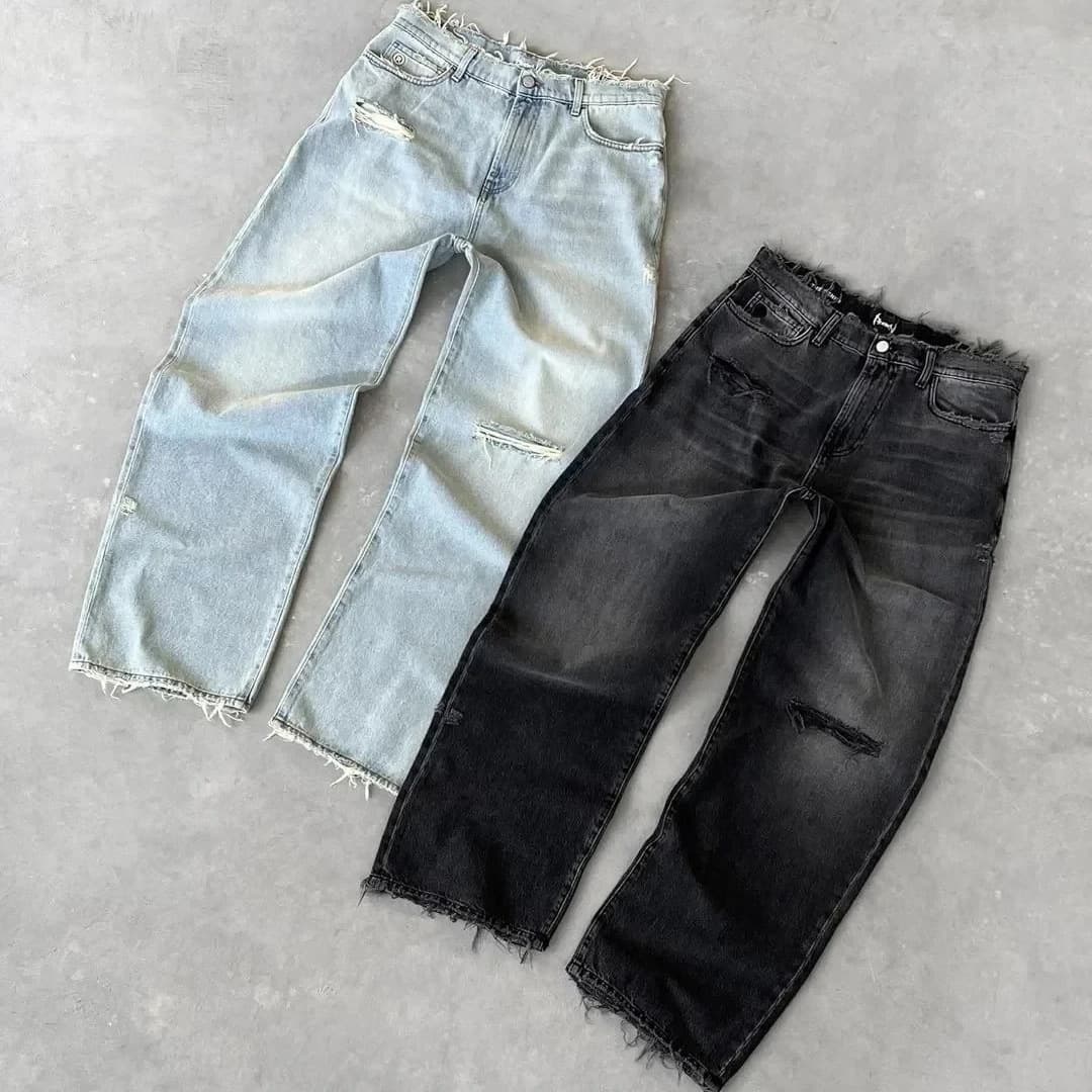 Washed Distressed Solid Color Jeans, Unisex Street Fashion Casual Jeans