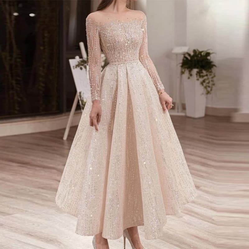 Women's Clothing Crewneck Long-sleeved Slim-fit Dress Sequin Mid-length Dress