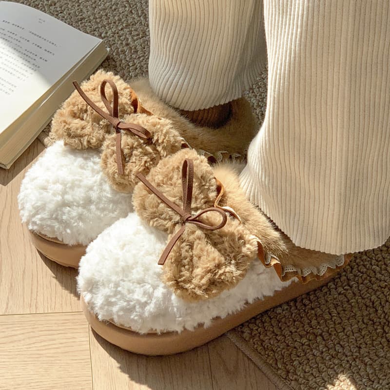 Bow-Knot Fleece-Lined Slippers For Women – Winter Indoor/Outdoor House Shoes With Anti-Slip EVA Sole & 3cm Height Boost (Taupe/Beige/Coffee, 36-41)
