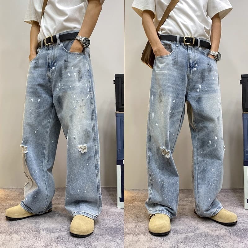 Summer Ripped Distressed Wide Leg Jeans For Men Trendy Cool Straight Leg Versatile Curved Blade Pants
