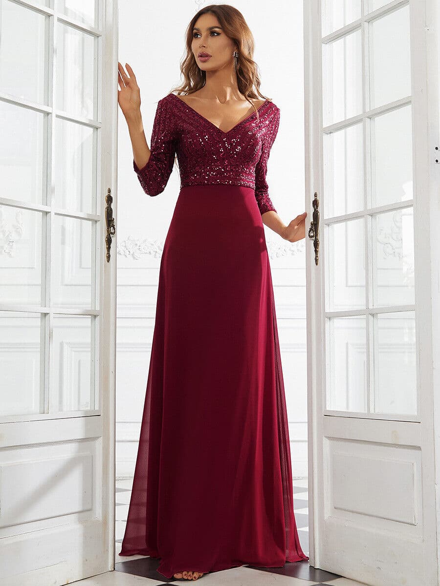 women's chiffon double V-neck long skirt A-line big swing sequined splicing evening dress