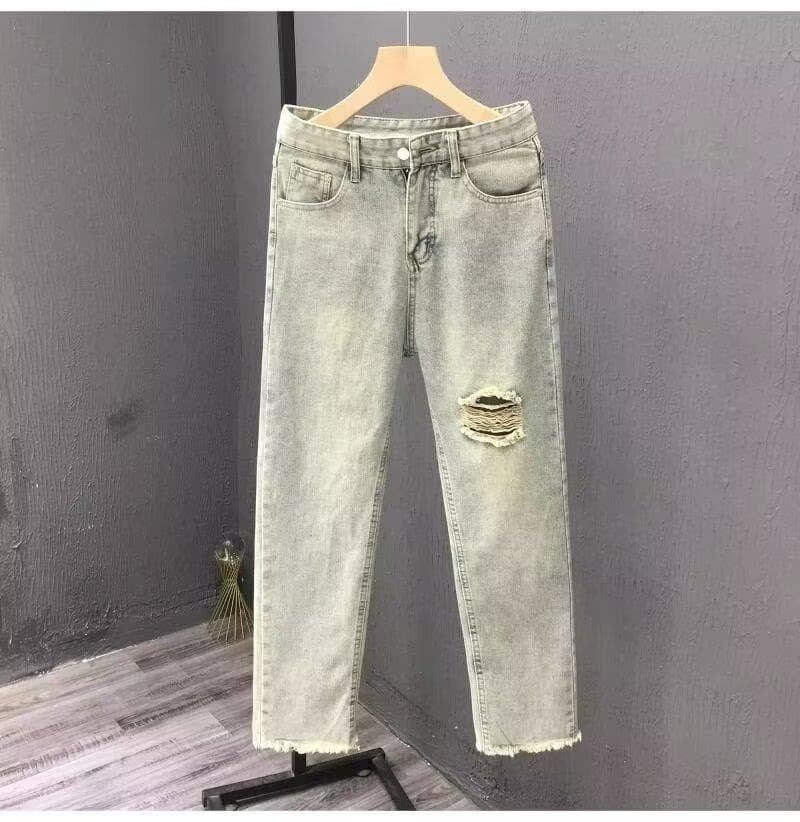 Men' Ripped Jean Summer High Street Hip Hop Wide Cropped Fringe Raw Hem College Student Looe Straight Leg Beggar