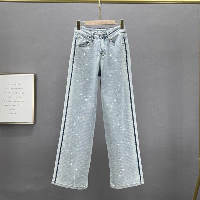 Women's Clothing Heavy Duty Hot Diamond Jeans High Waist Slimming High Elastic Dark Blue Washed Straight Pants