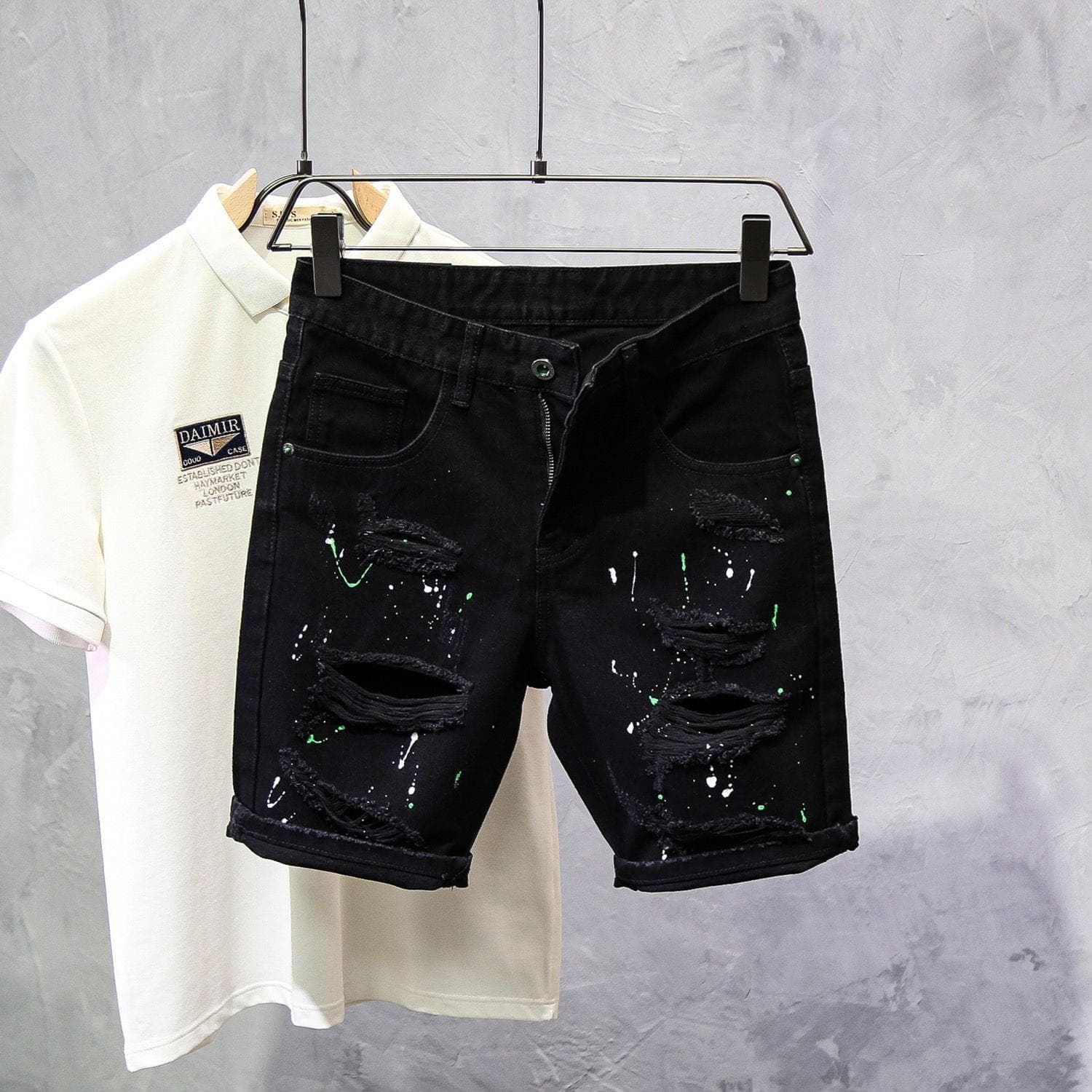 Foreign Trade Black Denim Shorts Men's Summer Thin Style Cat Whisker Ripped Personality Ink Splash Slim Fit Small Feet Cool Cross Border
