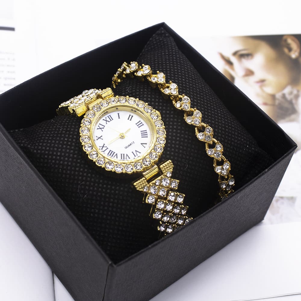 Women's bracelet watch set fashion gold full diamond steel band watch