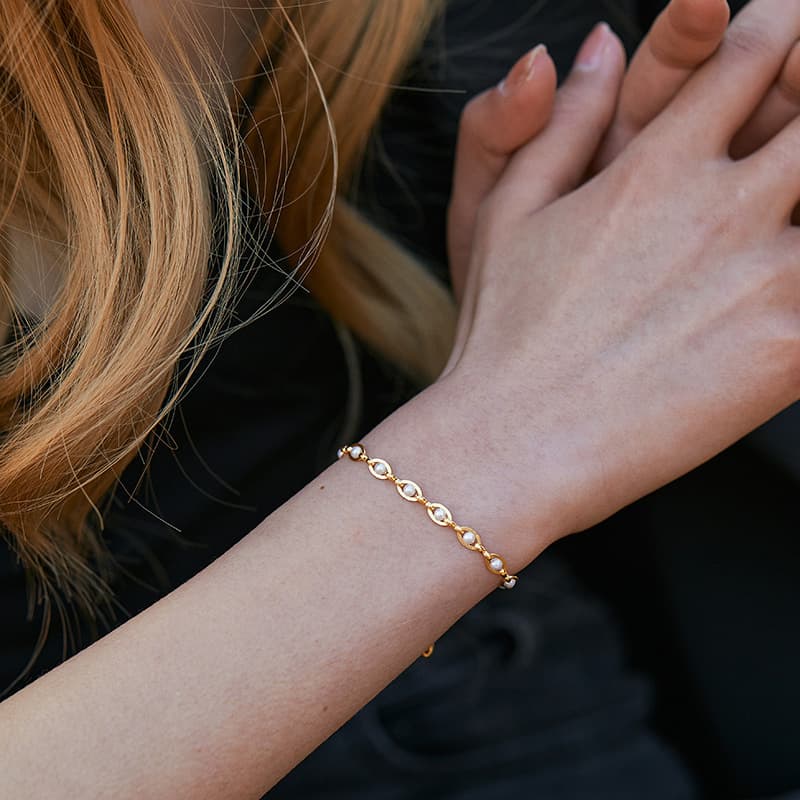 Brass Plated K Real Gold Small Jewelry Synthetic Pearl Bracelet Elegant Ins Style Textured Hand Jewelry