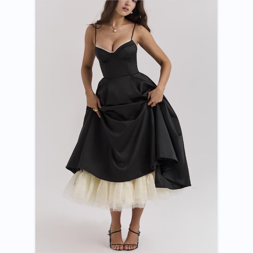 Women's Clothing New Suspender V Neck Sleeveless Dress Tutu Skirt Long Skirt