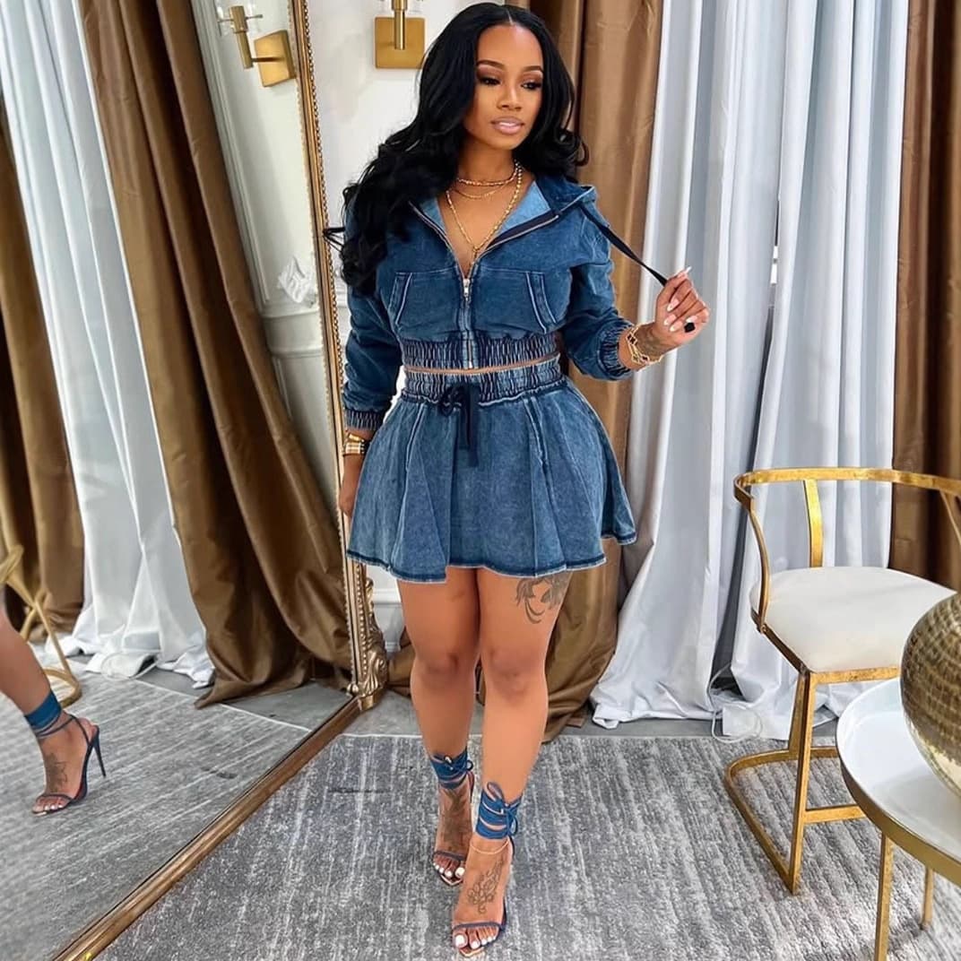 Women's Denim Jacket & Skirt Set - Long Sleeve Hooded Jacket With Mini Skirt, Blue/Grey/Black, S/M/L/XL/XXL/XXXL