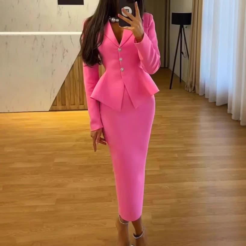 ​Elegant Two-Piece Suit Set – Deep V Blazer & Pencil Skirt (S-XXL, Dusty Rose)