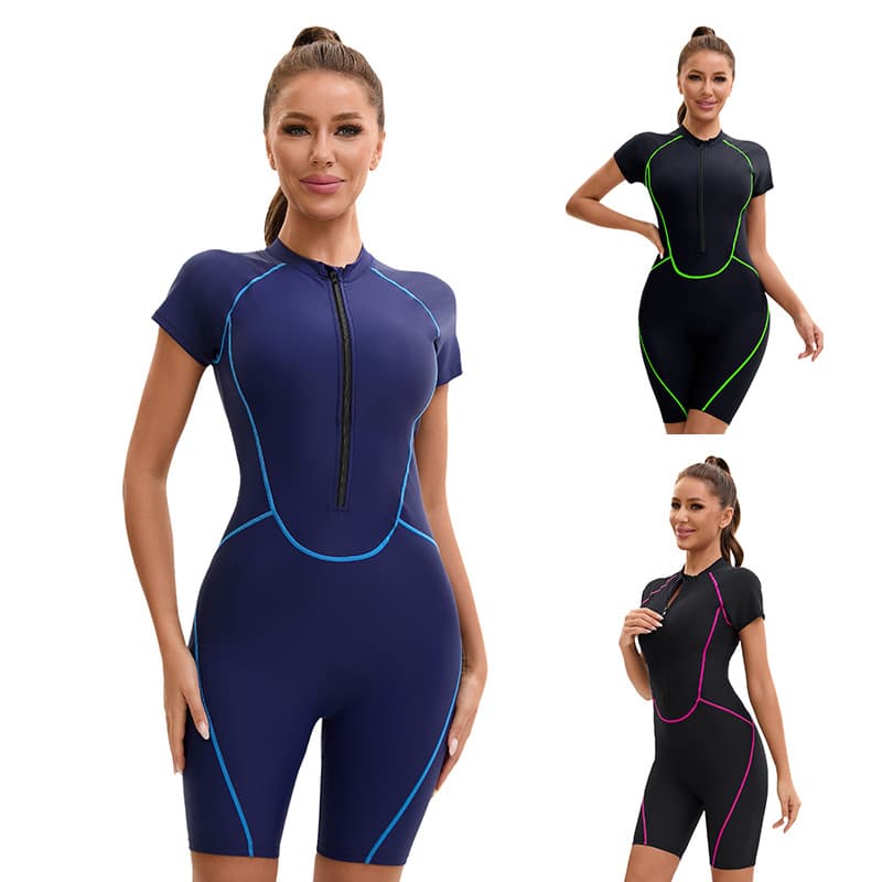 Women's Clothing Short Sleeved Zippered Boxer Swimsuit Female Sexy Three Quarter Pants Surfing Suit Tight Diving Suit Swimsuit
