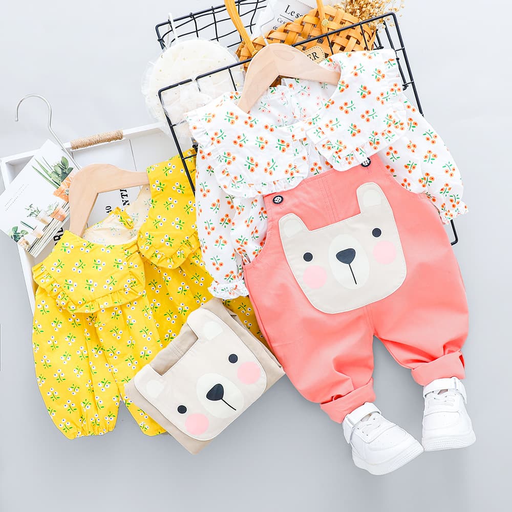 2709 Clothing 2024 Spring Autumn Baby Set, Girls' and Children's Fragmented Flower Shirt Strap Pants 2-piece Set