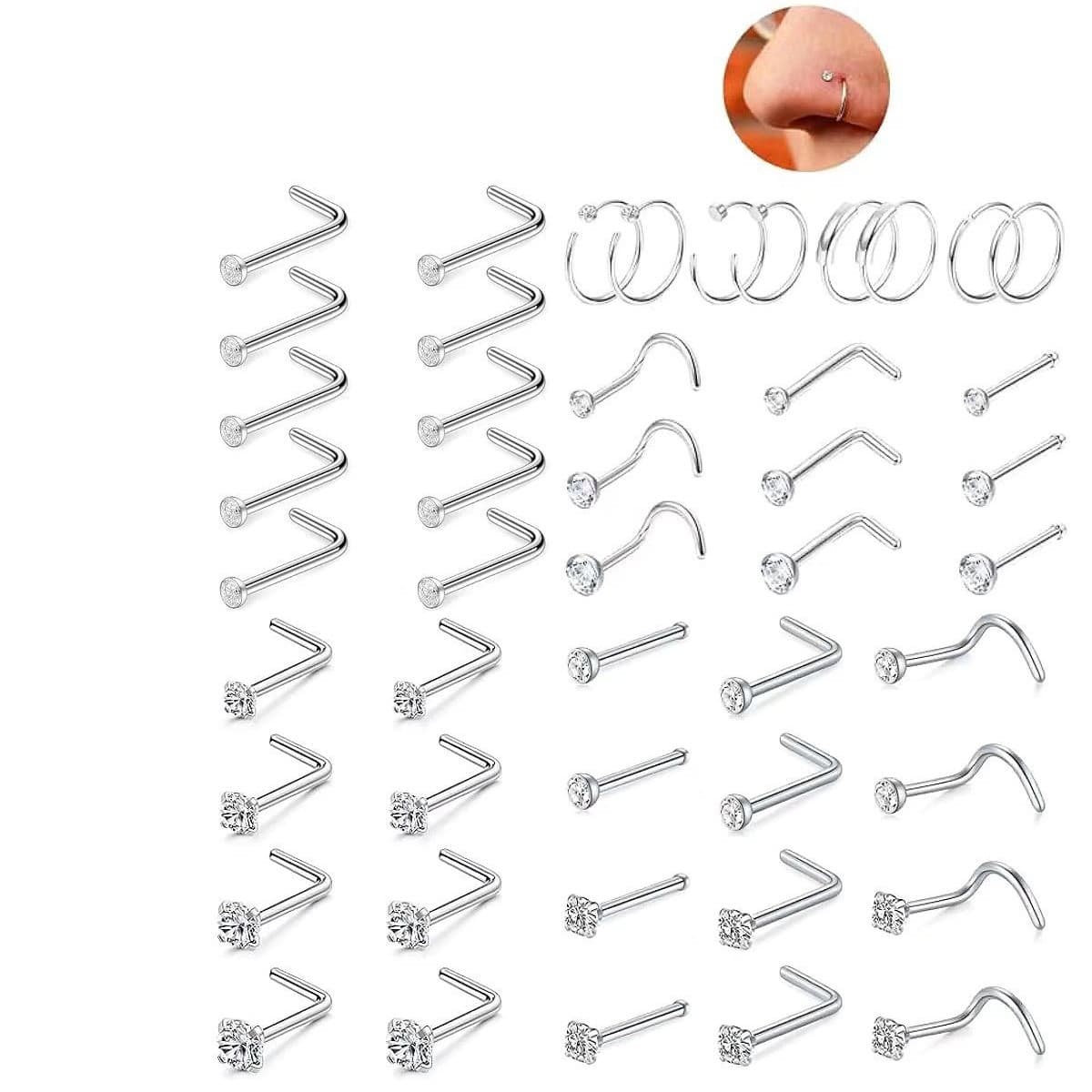 Ear Piercing 47 Piece Stainless Steel Piercing Jewelry Nose Ring L Shaped Curved Rod Diamond Encrusted Nose Stud Set