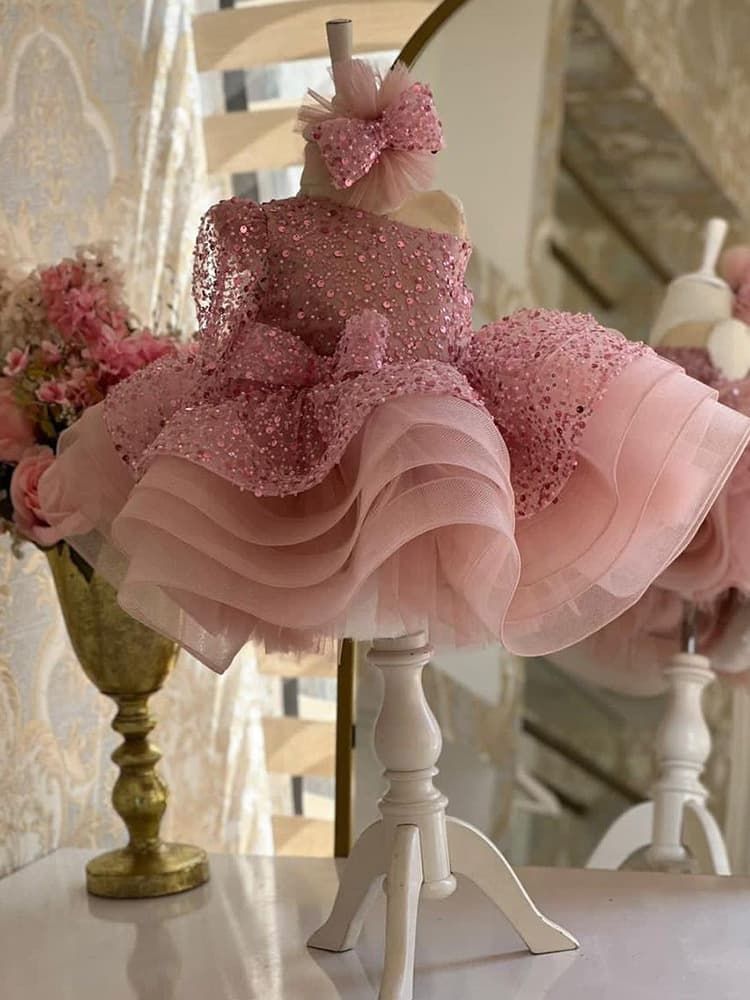 Girls 2024 Sequin Shoulder Long Sleeve Birthday Ball Princess Fashionable Fluffy Dress Elegant Celebrity