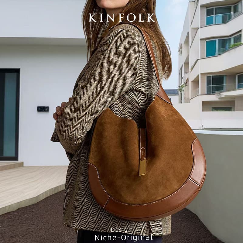 Women's Underarm Bag Suede Equestrian Design Dumpling Bag Tote Bag Trendy Hot Style Hand-held Crescent Bag
