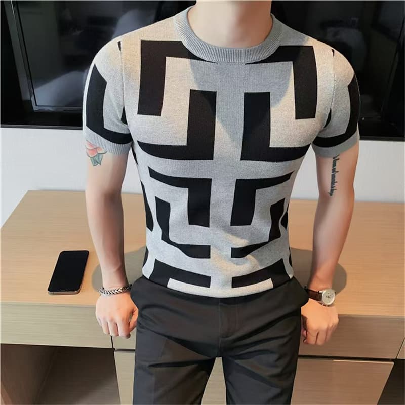 Y2K Sommer Neue Herren Schlank Vintage Kurzarm Stricken T-shirt Gestreiften Druck O Kragen Grafik T Shirts Für Männer Camiseta Masculina