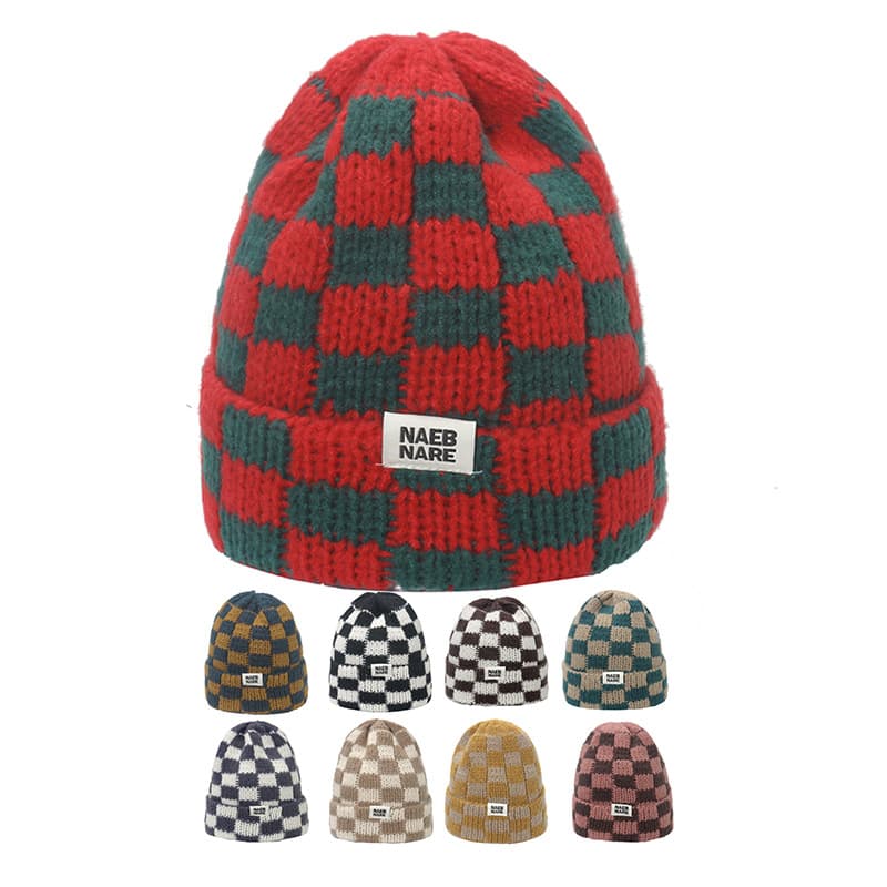 Hat Internet celebrity popular hat autumn and winter version niche large head circumference woolen hat thickened warm checkerboard plaid knitted hat