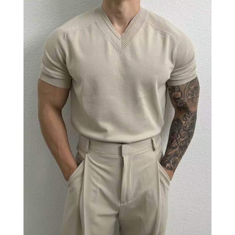 Men's Summer American Cool V Neck Knitted Short Sleeved Ice Silk Short Sleeved Thin T Shirt Retro Bottoming Business Breathable Spring And Summer