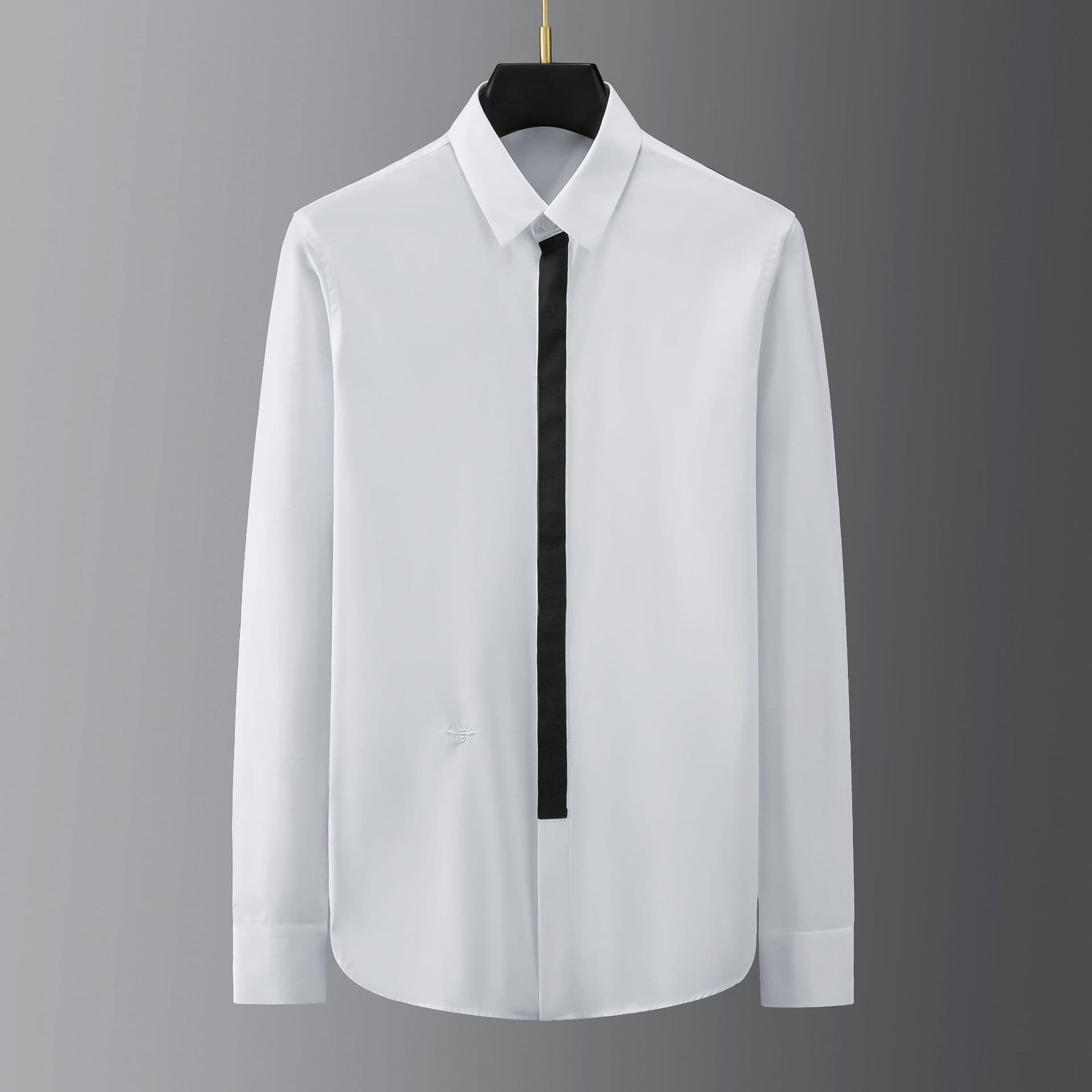 Suitable For All Seasons New Trendy Brand Ribbon Versatile Pure Cotton Non-Iron Long Sleeve Slim Fit Casual Base Shirt Men's Top