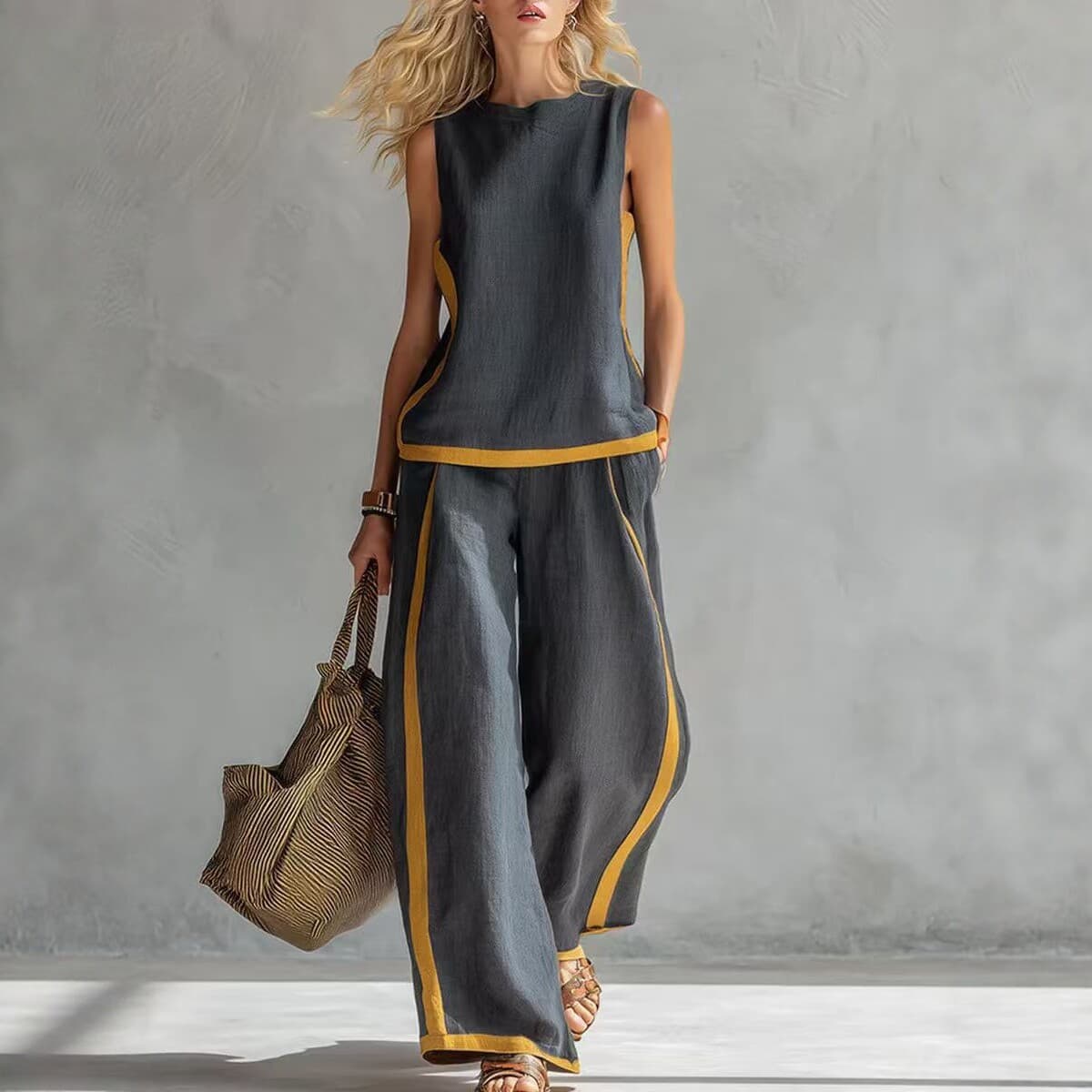 Women's Clothing Women's Summer Casual Fashion Sleeveless Color Block Wide Leg Pants Set Style Trendy Two Piece