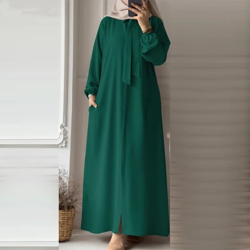 Women's Clothing Fashion Bow Tie Lapel Solid Color Long Sleeved Shirt Sundress Pocket Loose Cardigan Long Skirt
