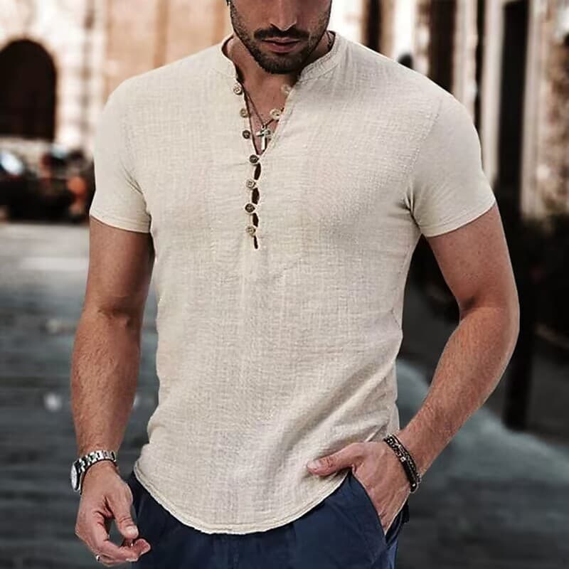 Man's clothing Men's casual linen shirt Plain V-neck summer casual wear