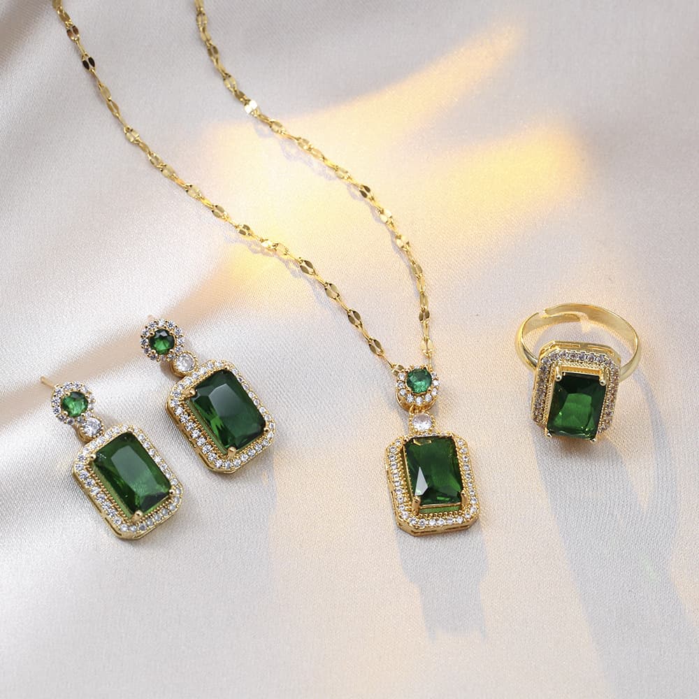 Women's Necklace Japanese and Korean Style Internet Celebrant Emerald Zircon Niche Earrings Pendant suit Color-free Titanium Steel Clavicle Chain Wome