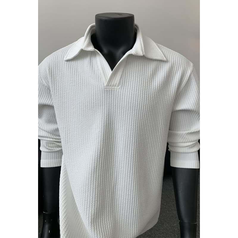 Textured Shirt-collar Long-sleeve T-shirt Men, Autumn Trendy Minimalist Old Money Style, Loose And Casual Top For Men