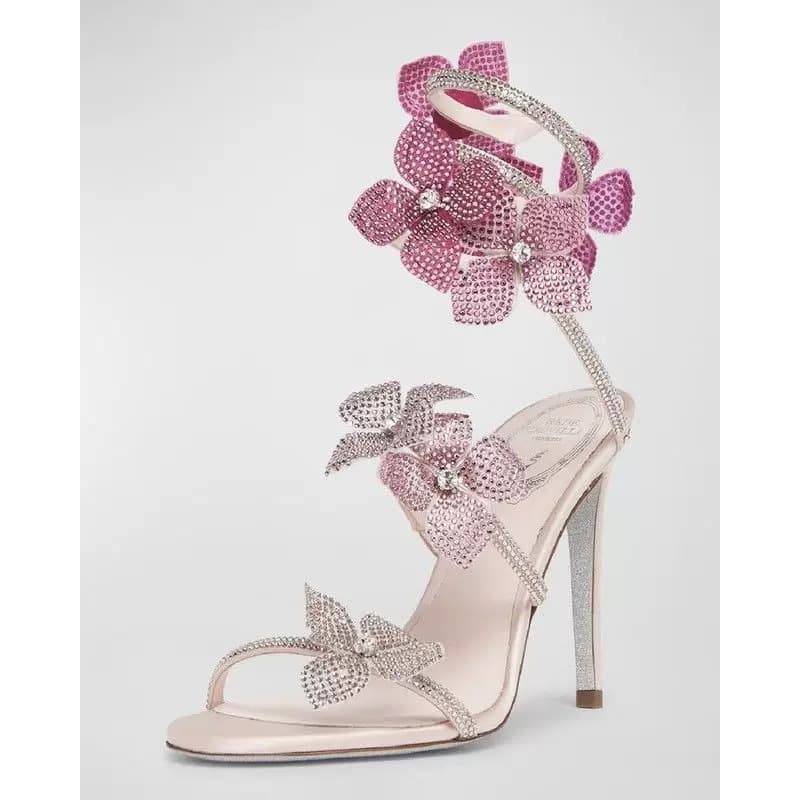 Lace Flower Studded Diamond Serpentine Wrapped Twist Heel Sandals For Women High Heels Dress Shoes